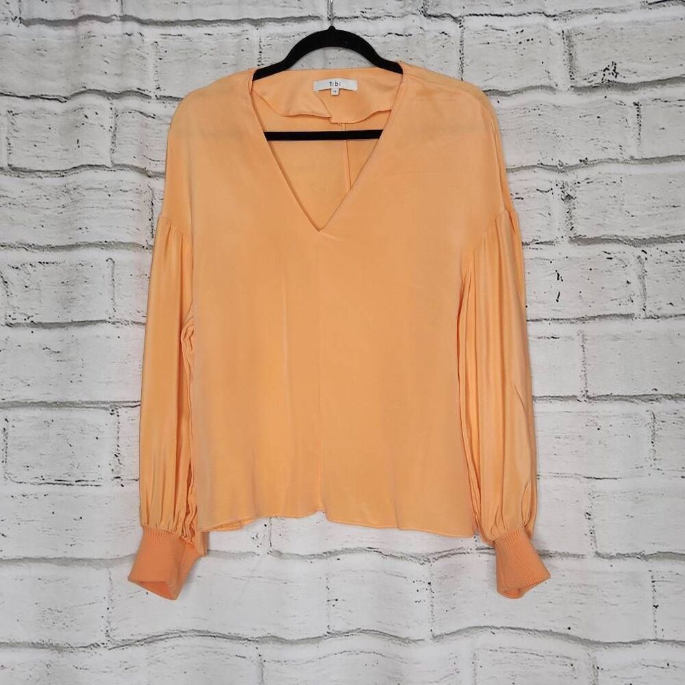 Tibi Womens Orange V-Neck Pleated Long Sleeve 100% Silk Pullover Blouse Medium